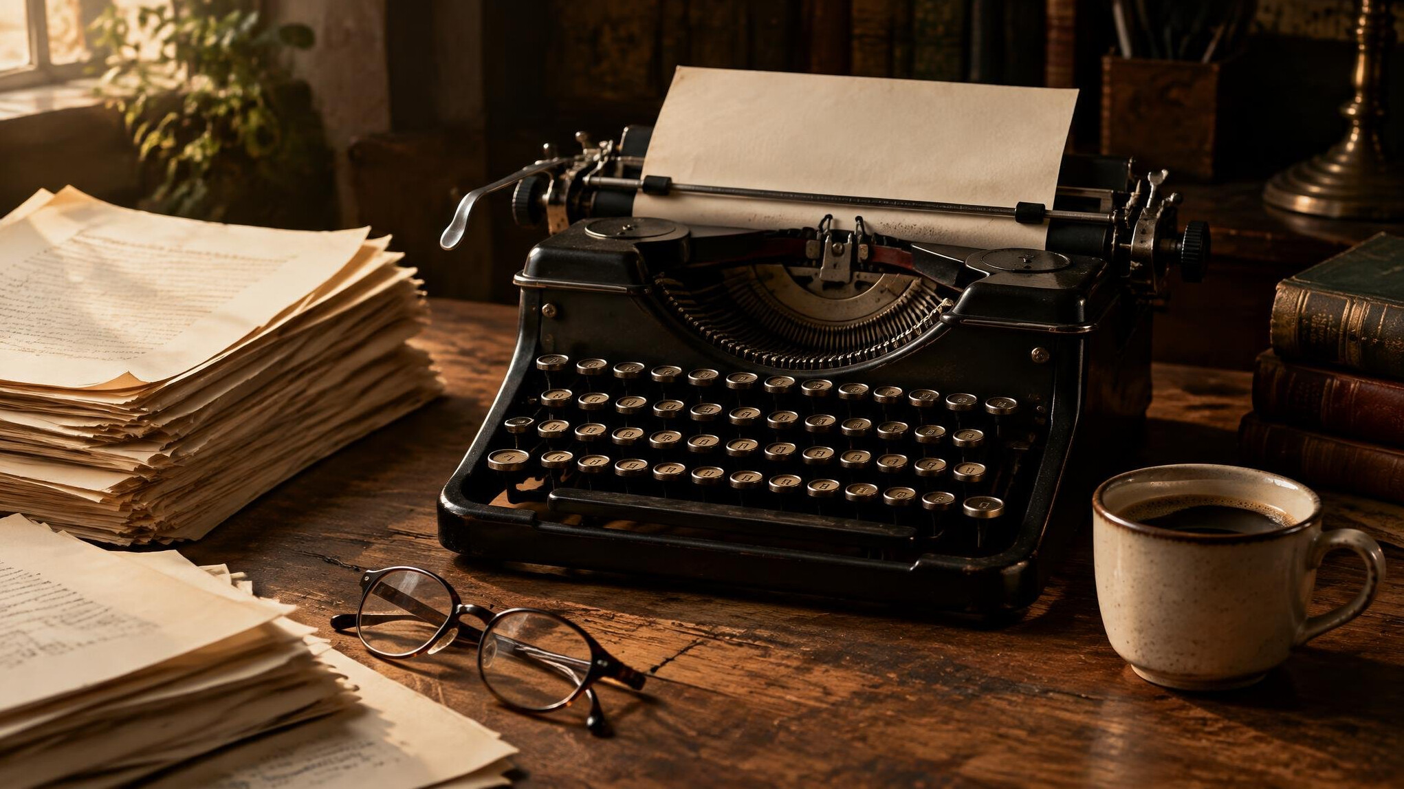 Vintage typewriter with manuscript pages and coffee cup on a wooden desk
