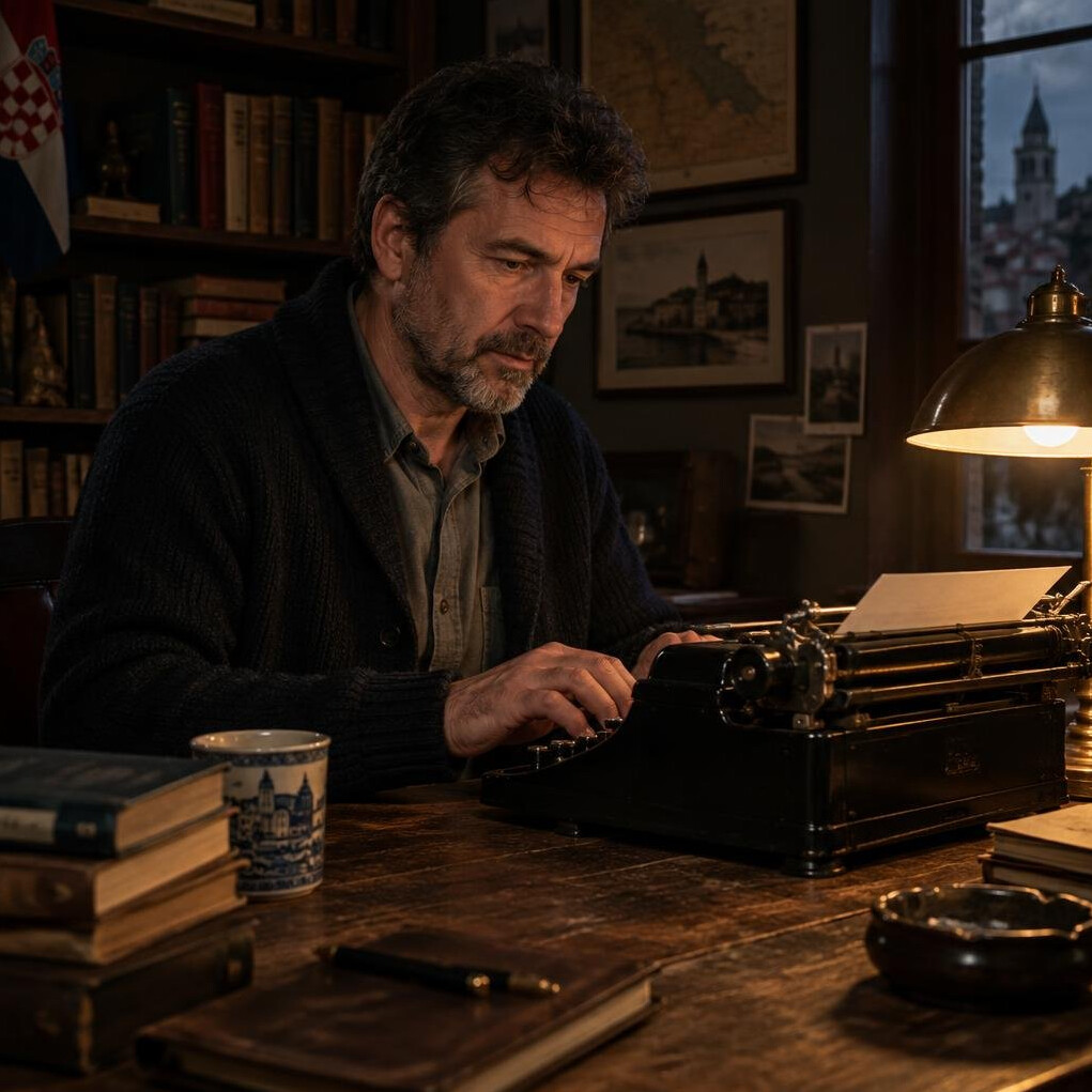 Middle-aged man writing at a wooden desk with a typewriter and lamp